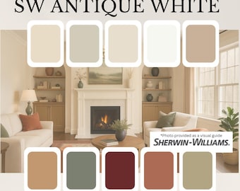 May include: A paint palette titled "SW Antique White" with color swatches and a living room scene. The Sherwin-Williams logo is visible. The image is a visual guide for interior design.