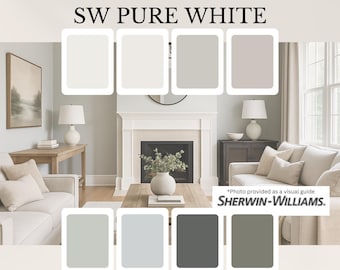 May include: A minimalist interior paint palette featuring the color "SW Pure White" from Sherwin-Williams. The image displays a living room setting with various shades of white, gray, and green, showcasing the paint colors in a home environment.