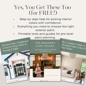 Image of bonus PDF guides included with paint palette purchase, covering topics like sheen selection, undertones, paint testing tips, common mistakes, and pairing paint with furniture.