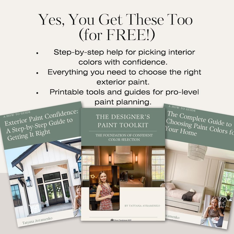 Image of bonus PDF guides included with paint palette purchase, covering topics like sheen selection, undertones, paint testing tips, common mistakes, and pairing paint with furniture.