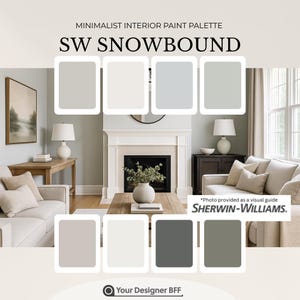 以下が含まれることがあります： Sherwin-Williamsの「SW SNOWBOUND」というミニマリストインテリアペイントパレット。ニュートラルカラーの家具と装飾が施されたリビングルームと、白、グレー、緑のさまざまな色合いのカラースウォッチが表示されています。
