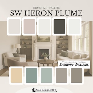 Puede incluir: Una paleta de pintura para el hogar titulada "SW Heron Plume" con una guía visual de Sherwin-Williams. La imagen muestra un salón con una paleta de colores de tonos neutros, incluyendo beige, gris y verdes apagados. También está presente el texto "Your Designer BFF".