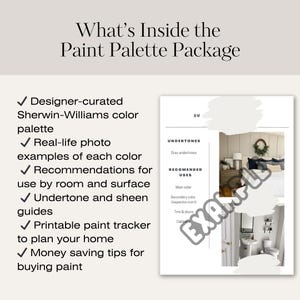 Image showing a digital paint palette PDF with Sherwin-Williams colors, real-room photos, sheen and undertone guides, and a paint planning worksheet. Designed for confident color selection.