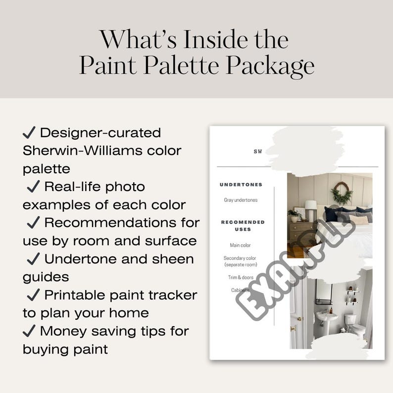 Image showing a digital paint palette PDF with Sherwin-Williams colors, real-room photos, sheen and undertone guides, and a paint planning worksheet. Designed for confident color selection.