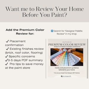 Premium Color Review add-on for paint palette with placement confirmation, brick and roof coordination, sheen guidance, and 3–5 day PDF review.
