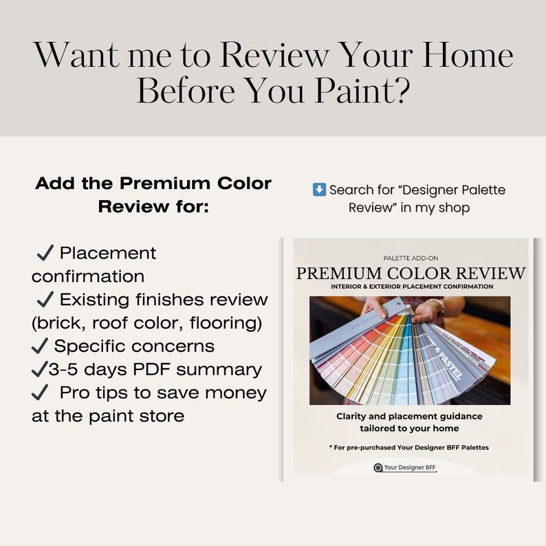 Premium Color Review add-on for paint palette with placement confirmation, brick and roof coordination, sheen guidance, and 3–5 day PDF review.