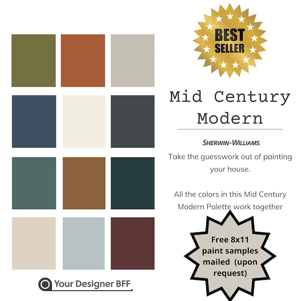 Mid Century Moderne Palette, Sherwin Williams Farbschema, Innenarchitektur Farbschema, Farbpalette, Beliebte Lackfarben