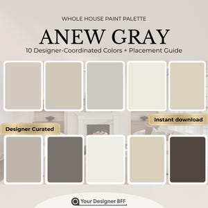 May include: A paint palette titled "ANEW GRAY" with 10 designer-coordinated colors. The palette includes various shades of gray, beige, and off-white. The text "Designer Curated" and "Instant download" are also present.
