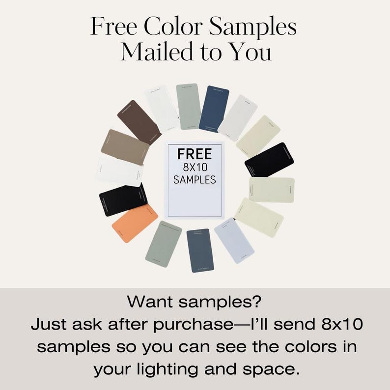 Image of 8x10 paint color samples laid out for review, available free after purchase. Designed to help buyers test Sherwin-Williams paint palettes in their own space.