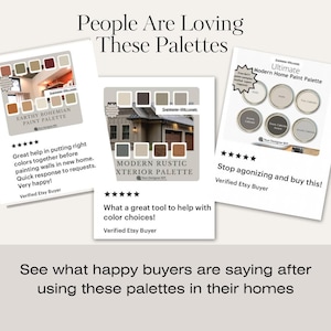 Image showing buyer reviews with high ratings and room photos. Customers describe feeling confident choosing colors and loving the coordinated look throughout their home.