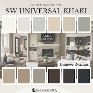 May include: A neutral paint palette titled "SW Universal Khaki" with ten color swatches. The image includes a living room scene and the text "Color of 2026" and "Sherwin-Williams."