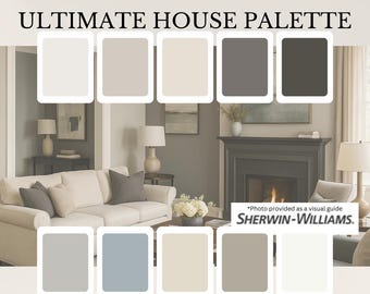May include: A visual guide to a modern, warm neutral house palette. The image displays a living room with a sofa and fireplace, and a color palette with various shades of white, gray, and beige. Text includes "ULTIMATE HOUSE PALETTE" and "SHERWIN-WILLIAMS."