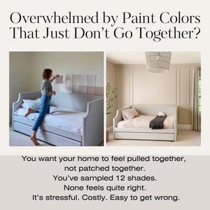 Image showing the stress of choosing paint colors with a woman surrounded by swatches. Side-by-side comparison of a disjointed room vs. a cohesive space using a curated Sherwin-Williams paint palette.