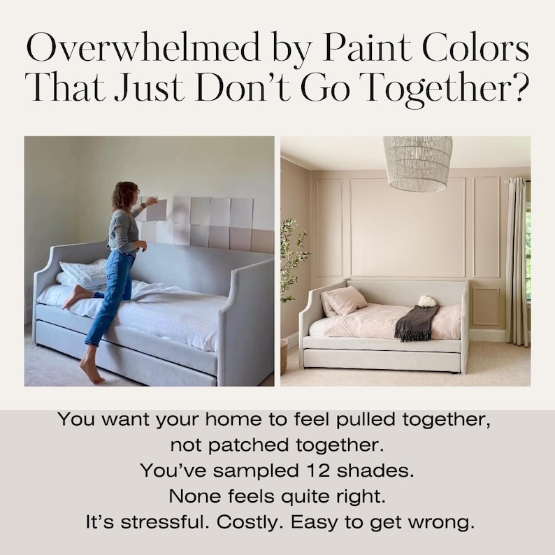 Image showing the stress of choosing paint colors with a woman surrounded by swatches. Side-by-side comparison of a disjointed room vs. a cohesive space using a curated Sherwin-Williams paint palette.