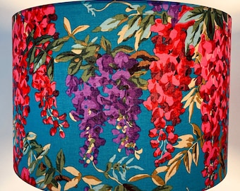 Pink and Teal Floral Lampshade, Bright Kaffe Fassett Wisteria Flower Lampshade for Table Lamps or Ceiling Pendant