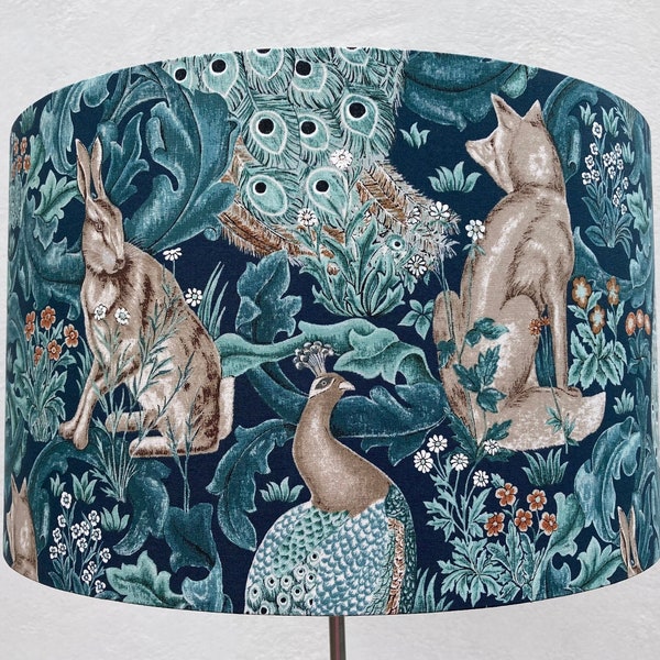 William Morris Lampshade Forest in Teal Fabric - Fox Hare Peacock - Handmade Table or Ceiling Lamp