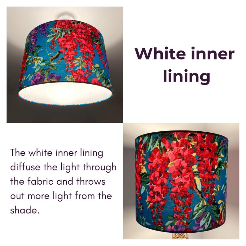 Op de afbeelding: Een tealblauwe lampenkap met een bloemenpatroon met roze en rode bloemen. De lampenkap heeft een witte voering om het licht te diffunderen. "Witte binnenvoering" staat in paarse tekst op een witte achtergrond.
