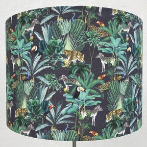 Tropical Drum Lampshade  - Jungle Scenery Animal Print Fabric - Handmade Table or Ceiling Lamp