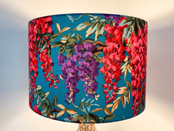 Pink and Teal Floral Lampshade, Bright Kaffe Fassett Wisteria Flower Lampshade for Table Lamps or Ceiling Pendant
