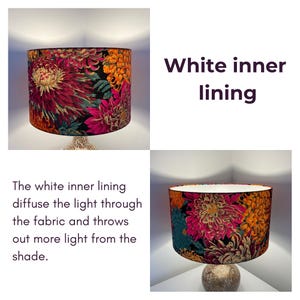 May include: A lampshade with a floral print featuring pink, orange, and teal flowers on a black background. The lampshade has a white inner lining. The text "White inner lining" is visible in the image.