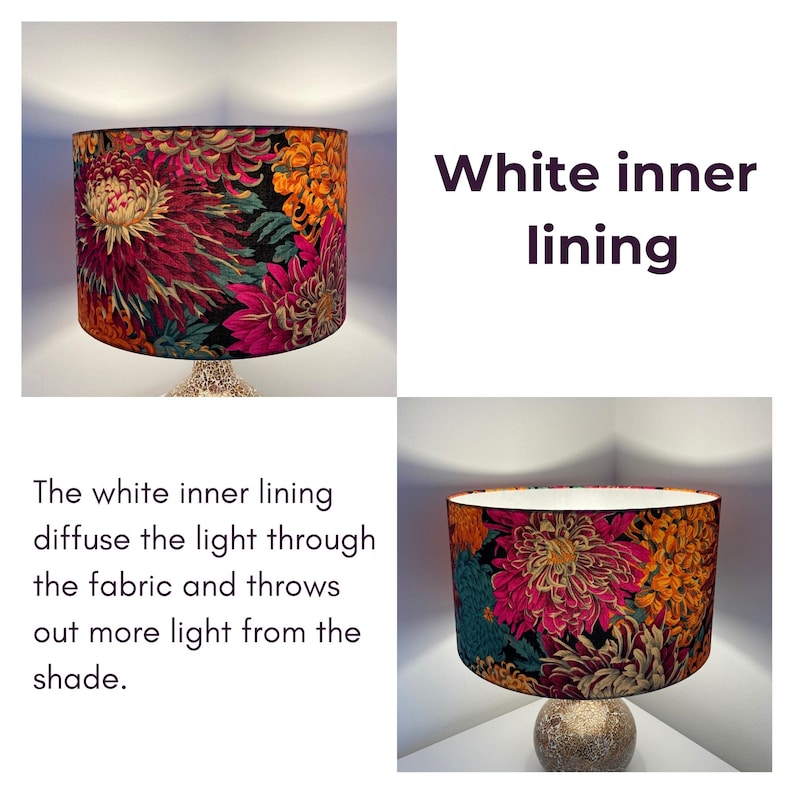 May include: A lampshade with a floral print featuring pink, orange, and teal flowers on a black background. The lampshade has a white inner lining. The text "White inner lining" is visible in the image.