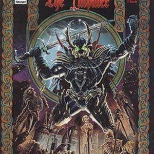 May include: Comic book cover for "Spawn: The Impaler" No. 1. The artwork features a dark, armored figure with a horned helmet, set against a backdrop of a city and skeletal figures. The cover has a decorative border and the Image Comics logo.