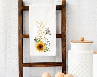 Bee Kind Tea Towel, Bee Farmhouse Kitchen Decor, Bee Flower Honeycomb, Flour Sack Towel, Bee Dish Towel, Bee Lover Gift, Gift For Her
