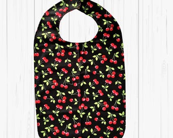 Handmade Cherry Adult Bib, Washable Reusable Clothing Protector, Dignity Bib With Hook and Loop Closure