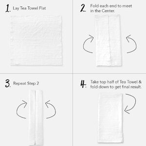 May include: A four-step instructional diagram showing how to fold a white tea towel. Step 1: Lay Tea Towel Flat. Step 2: Fold each end to meet in the Center. Step 3: Repeat Step 2. Step 4: Take top half of Tea Towel & fold down to get final result.