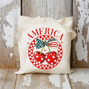 Patriotic Tote Bag, Boho America Bag, Fourth Of July Tote, Cherry Summer Bag, USA Market Bag, Reusable Grocery Tote, Farmer&#39;s Market Bag