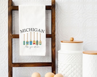Michigan Tea Towel, Adventure Kitchen Towel, Flour Sack Tea Towel, Home State Kitchen Towel, Michigan Home Decor, Hostess Gift, Dish Towel