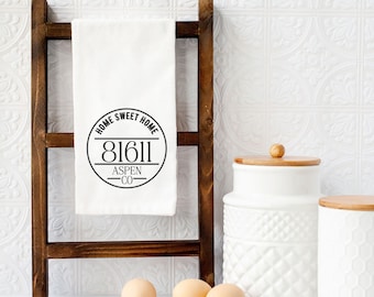 Home Sweet Home Kitchen Towel, Custom Kitchen Towel, Personalized Kitchen Towel, Farmhouse Kitchen Towel, Zip Code Tea Towel, New Home Gift