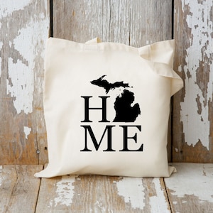 Michigan Home Tote Bag, Michigan Tote Bag, Cotton Canvas Tote Bag, Reusable Shopping Bag, Mitten State, Michigan Gifts, Michigan Map Tote