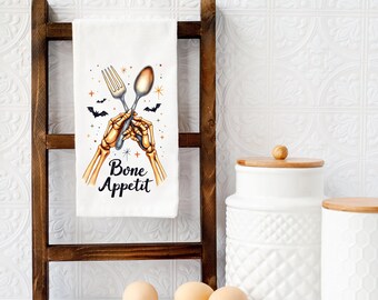 Skeleton Kitchen Tea Towel, Bone Appetit Towel, Halloween Dish Towel, Funny Halloween Towel, Spooky Season Kitchen Decor, Gothic Tea Towel