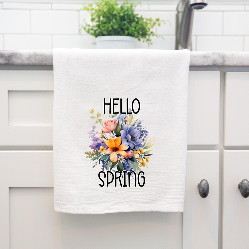 Hello Spring - Kitchen Towel, Floral Tea Towels, Flour Sack Kitchen Tea ...