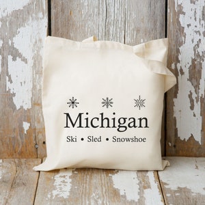 Michigan Tote Bag, Winter Grocery Tote Bag, Winter Wonderland Tote, Michigan Gift, Cotton Canvas Tote Bag, Snowflake Tote Bag, Gift For Her