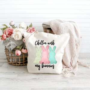 Bunny Tote Bag, Easter Tote Bag, Girl Shopping Bag, Cotton Canvas Tote Bag, Rabbit Lover Gift, Bunny Lover Gift, Chillin With My Bunnies