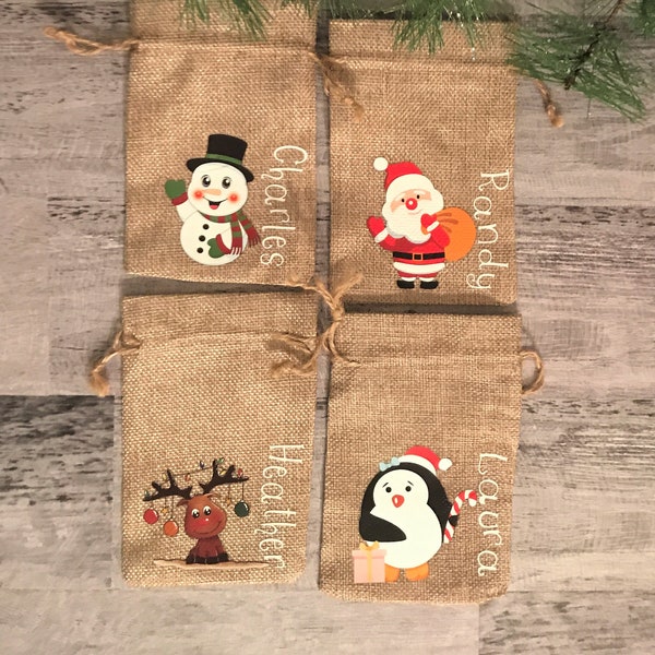 Burlap Bags With Drawstring, Christmas Party Favor Pouch, Xmas Treat Bags, Personalized Mini Gift Bags, Christmas Burlap Gift Bags