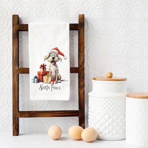 Santa Paws Holiday Flour Sack Tea Towel, Funny Dog Kitchen Towel, Perfect for Holiday Baking, Gifts for Dog Dad and Mom, Christmas Pup Towel