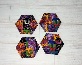 Handmade Cat Coaster, Cat Lovers Gift, Cat Decor, Cat Themed Gifts, Cat Costers Set, Cat Mug Rug, Unique Cat Coaster Gift, Mug Rug Set of 4