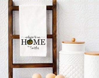 Personalized Halloween Towel, Pumpkin Home Decor Towel, Custom Halloween Kitchen Decor, Welcome Home Fall Towel, Last Name Halloween Towel