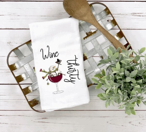 Funny Wine Dish Towels, Winter Kitchen Decor, Snowman Kitchen