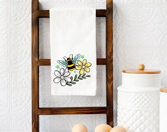 Bee Kitchen Towel, Farmhouse Bee Decor, Bee Home Decor, Spring Flour Sack Towel, Flowers Bee Dish Towel, Home Decor Gift, Gift For Her