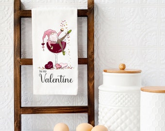 Valentine Flour Sack Towel, Tea Towel For Valentines Day, Kitchen Towel With Gnomes, Holiday Hand Towel, Wine Lover Gift, Hostess Gift