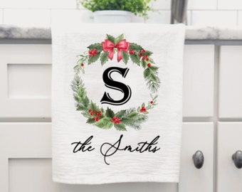 Personalized Christmas Towel, Personalized Christmas Wreath Kitchen Towel, Custom Christmas Towel, Custom Name Kitchen Towel, Holiday Decor