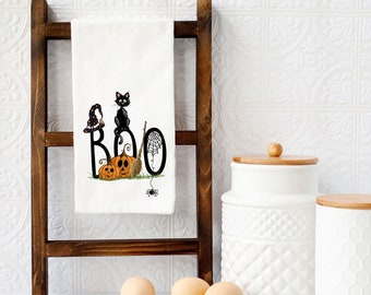 Boo Halloween Tea Towel, Halloween Kitchen Decor, Halloween Essentials, Halloween Dish Towel, Fall Kitchen Towel, Black Cat Halloween Towels