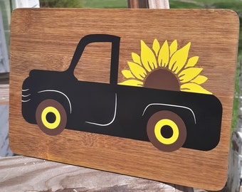 Mother's Day Gift | Sunflower Little Truck Art | Wall Hanging | Bamboo Cutting Board Art | Kitchen & Bath Art | Mom Gift