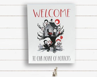 Personalized Horror Kids Canvas - Jason Freddy Scream Ghostface Chucky Saw The Ring Pinhead & More! 16"x20" Welcome to Our House of Horrors