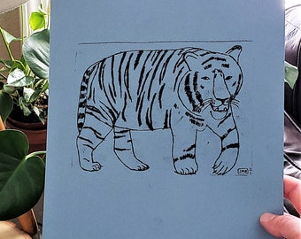 Original Artwork Monoprint Tiger 9x12 Oil Pastel on Paper Line Drawing Wall Art