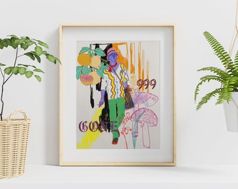 Colorful Digital Collage Fashion Drawing Flowers Mushrooms Citrus Fruit Lemons Grapefruits Oranges Hot Press Bright Fine Art Paper 8.5x11